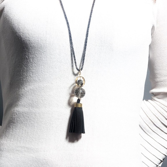 Chic Clear Sphere Long Black and Gold Tassel Necklace - Picture 2 of 11